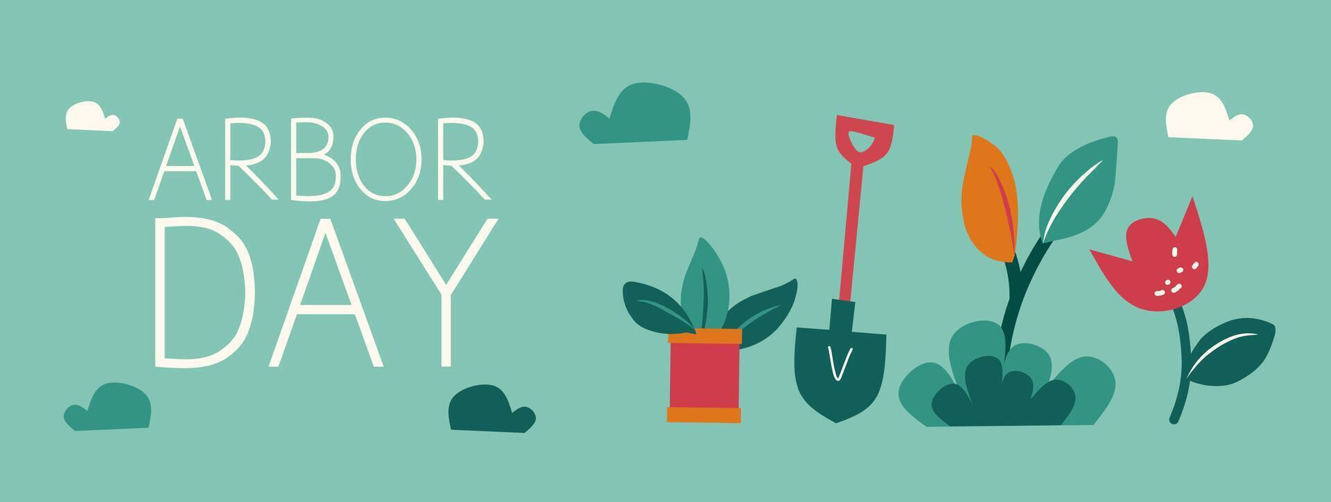 Arbor Day template. Save trees illustration graphic with tree, leaves, grass, equipment, typography. Symbols of gardening on green background. Editable template for poster, banner and cover. vector