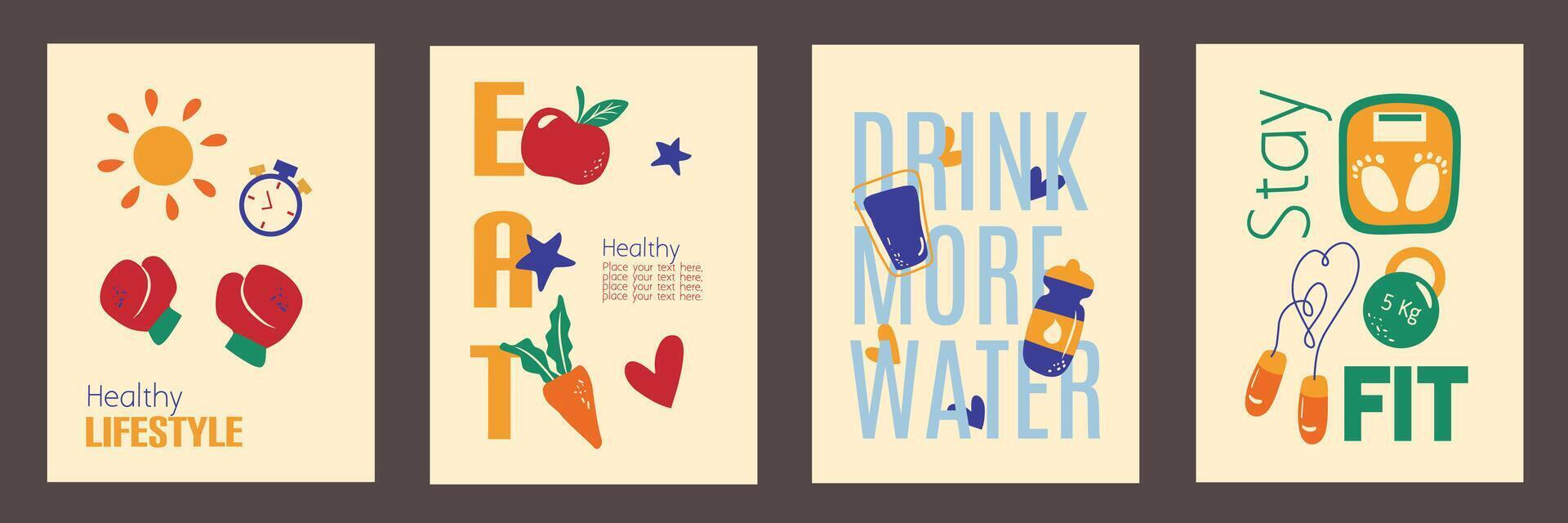 Healthy Lifestyle background set. Mindful eating, improving hydration, managing weight, balanced diet with fruits, vegetables, fitness and exercise. Editable illustration for infographic poster vector