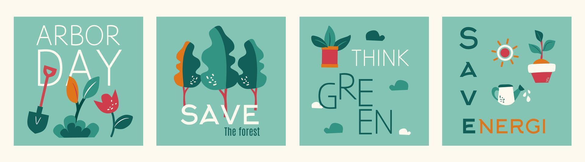 Set of Arbor Day template. Save trees illustration flat graphic with tree, leaves, equipment, typography. Symbols of gardening on green background. Editable collection for poster, banner and cover. vector