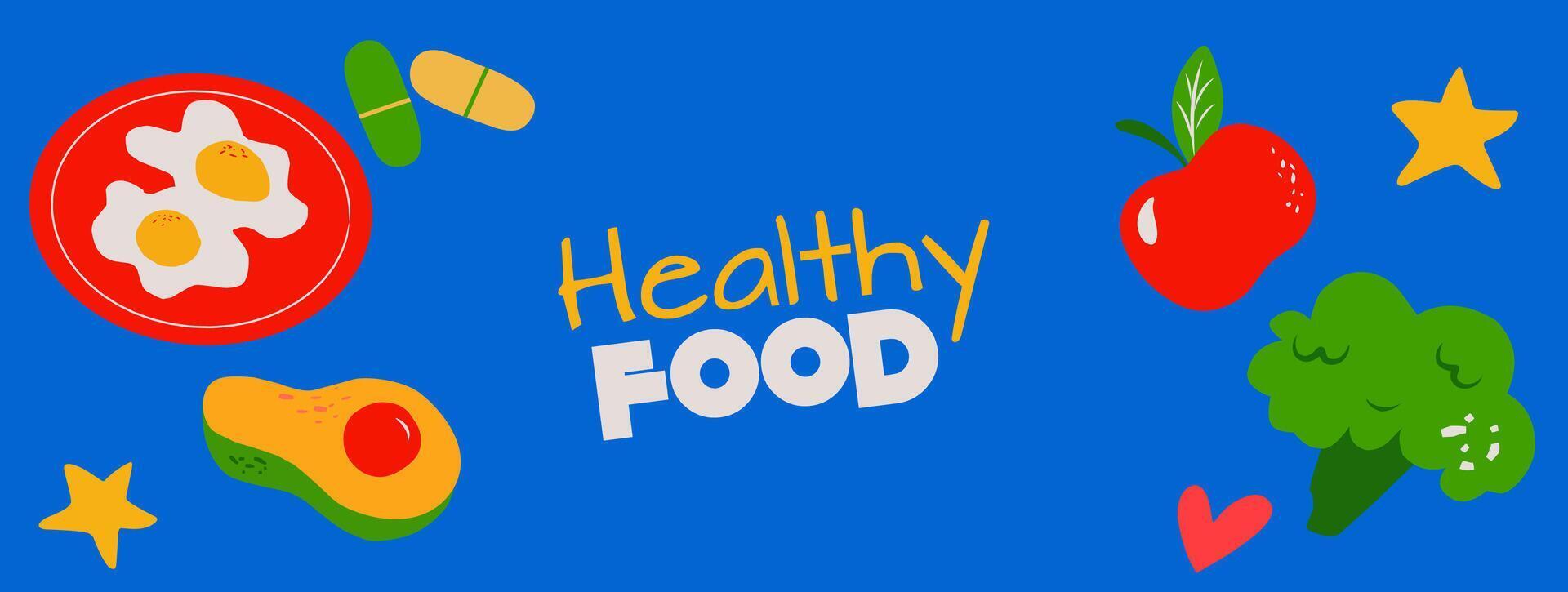 Healthy Lifestyle, healthy food horizontal background. Mindful eating, improving hydration, managing weight, balanced diet with fruits, vegetables. Editable illustration for infographic poste vector