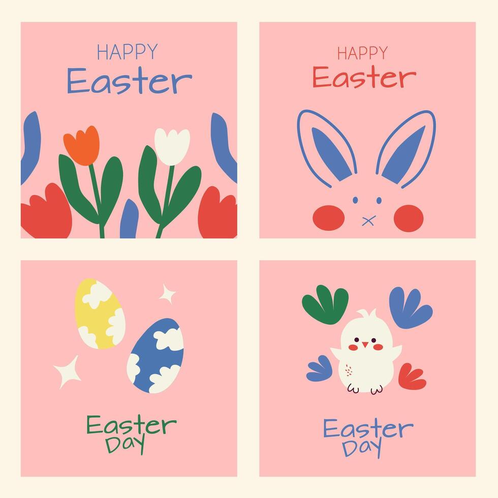 Happy easter day greeting card set. Hand drawn of flat cartoon with cute bunny, flowers, eggs, chick, typography on pink background. Flat illustration for vertical poster, banner, social media. vector