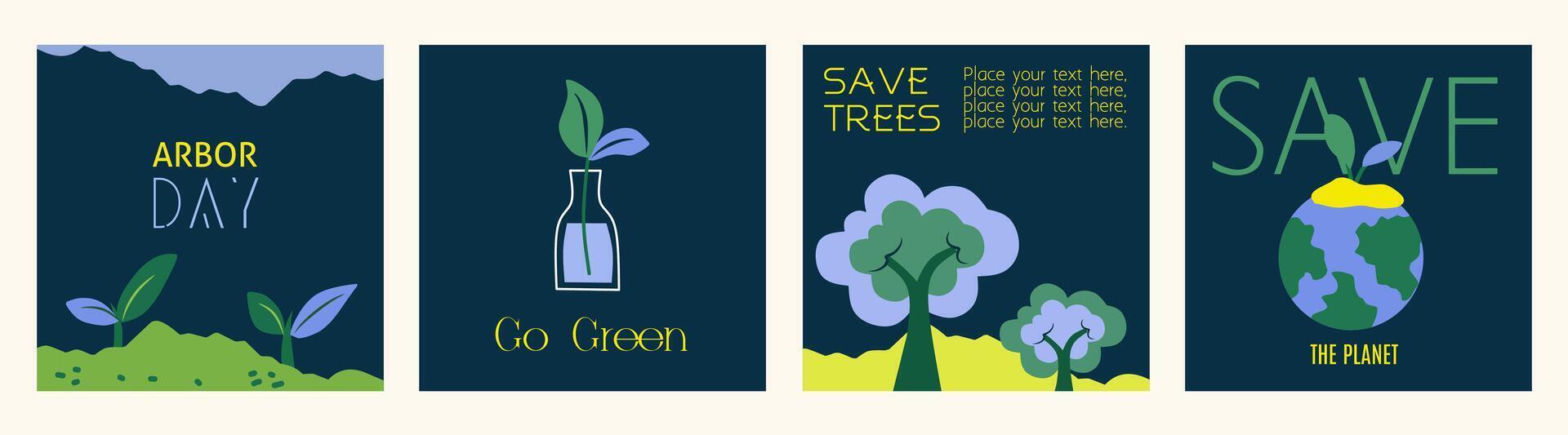 Set of Arbor Day template. Save trees illustration graphic with tree, leaves, earth, planet. Symbols of gardening on dark background. Flat editable collection for poster, banner and cover. vector