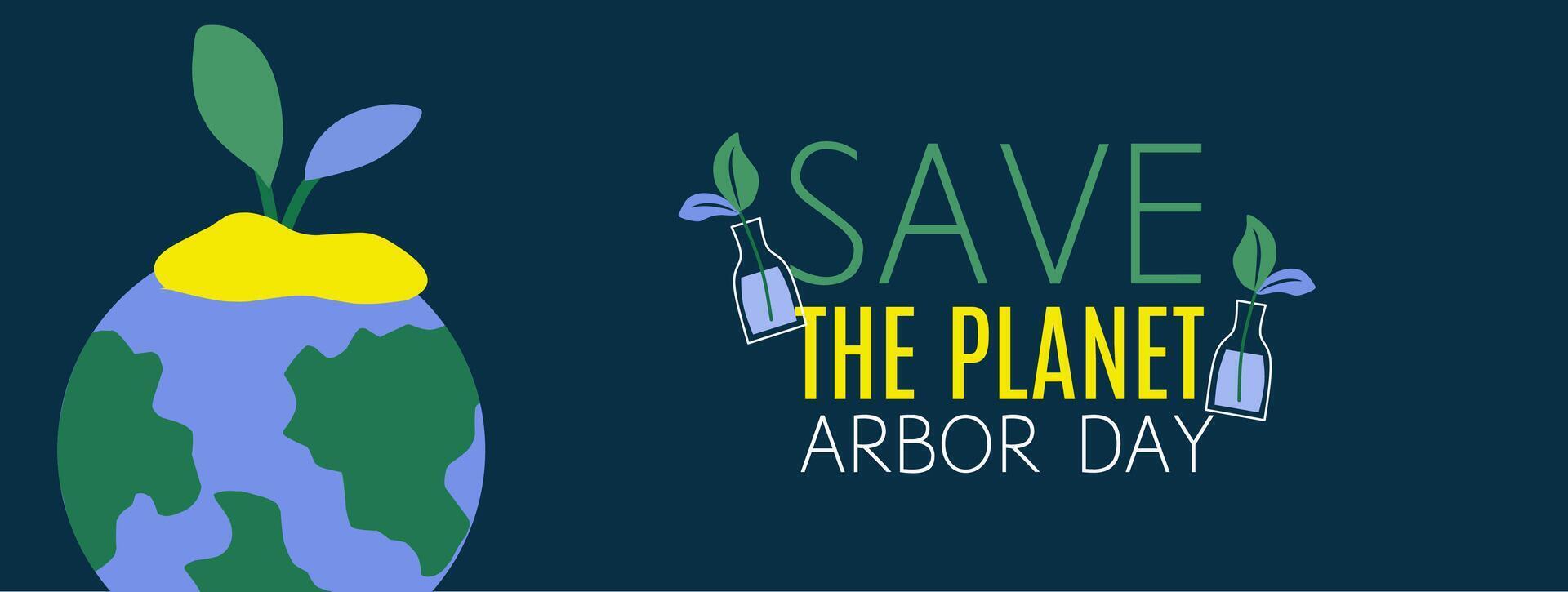 Arbor Day template. Save trees illustration graphic with tree, leaves, earth, planet. Symbols of gardening on dark background. Flat editable collection for poster, banner and cover. vector