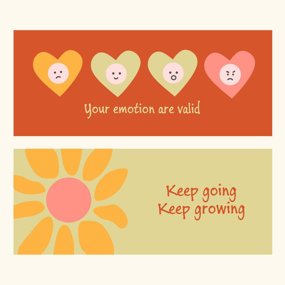 World Mental Health Day Background set. Motivational quotes text, flower, emotion character on orange color. Poster, Banner, Flyer, Template, Social Media Post. Mental wellness illustration. vector