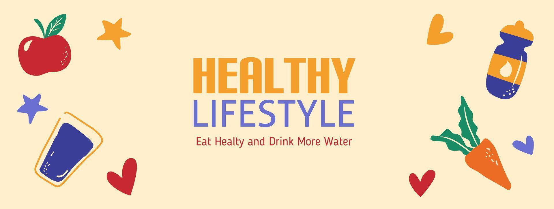 Healthy Lifestyle, healthy food horizontal background. Mindful eating, improving hydration, managing weight, balanced diet with fruits, vegetables. Editable illustration for infographic poster. vector