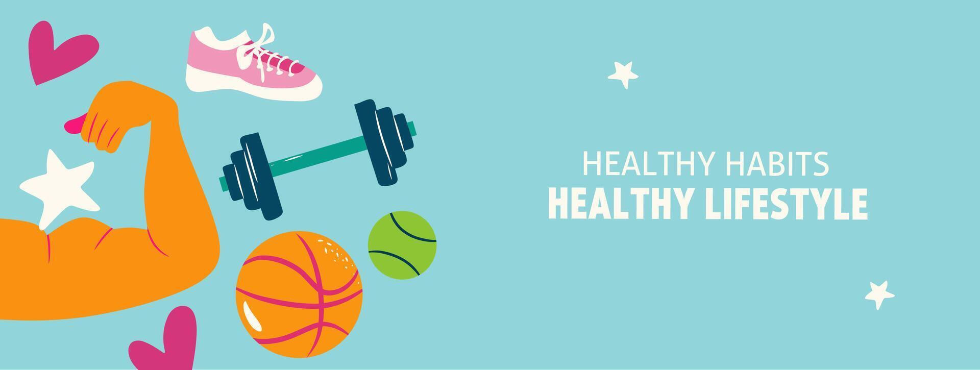 Healthy lifestyle background. Habits, fitness, sport exercises for active life. Daily routine, nutrition, gymnastics and yoga workout illustration. Wellness, health concept for poster, banner. vector