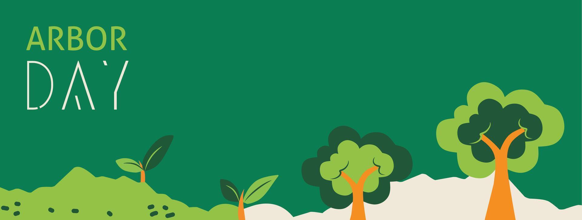 Arbor Day template. Save trees illustration graphic with tree, leaves, grass, floral. Symbols of gardening on green background. Flat editable collection for horizontal poster, banner and cover. vector