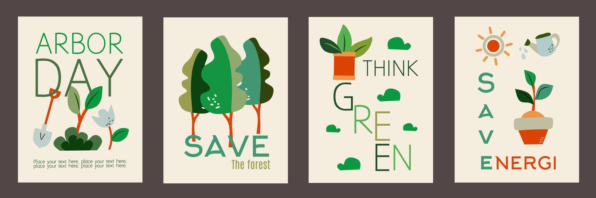 Set of Arbor Day template. Save trees illustration graphic with tree, leaves, equipment, typography. Symbols of gardening on white background. Editable collection for poster, banner and cover. vector