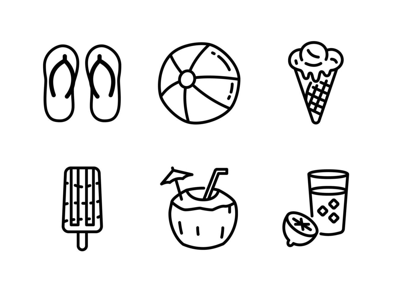 Flip Flops, Beach Ball, Ice Cream, Coconut Drink, Lemonade Line Icons vector