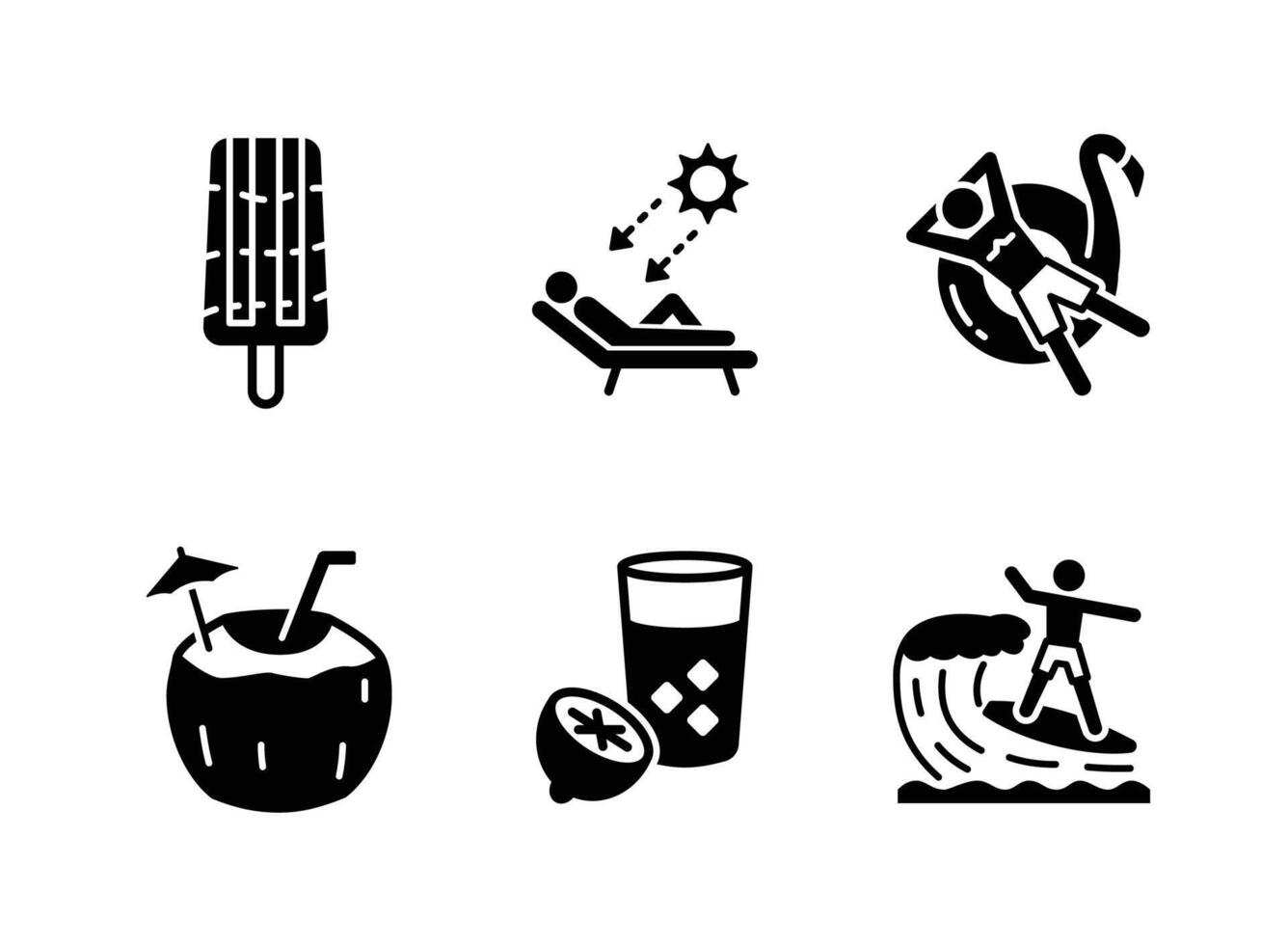 Ice Cream, Sunbathing, Swimming, Coconut Drink, Lemonade, Surfing Solid Icons vector