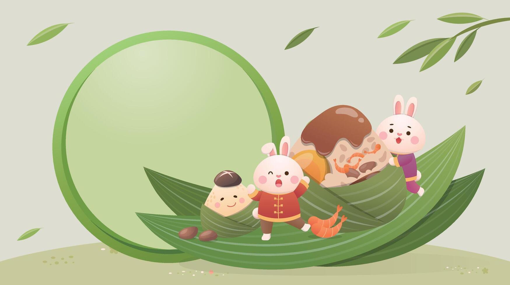 Advertisement or commercial template of cute rabbit mascot, Chinese Dragon Boat Festival and glutinous rice food Zongzi vector