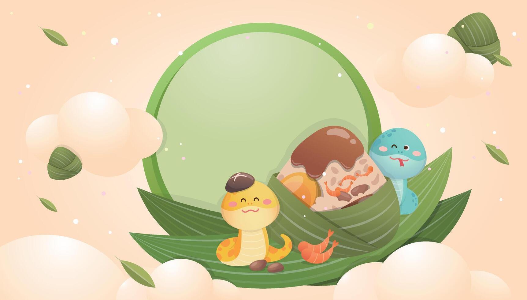 Chinese Dragon Boat Festival and round frame commercial poster, cute snake and rice dumpling mascot vector