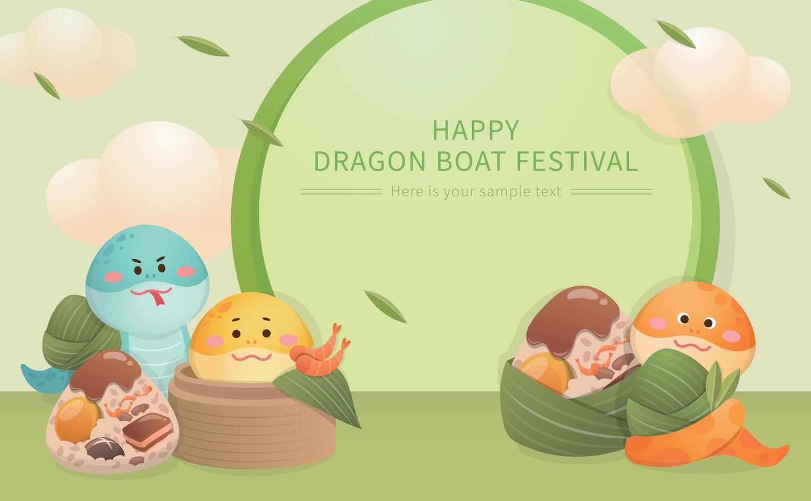 Round frame advertising poster, Chinese Dragon Boat Festival with rice dumplings and playful snake mascot vector