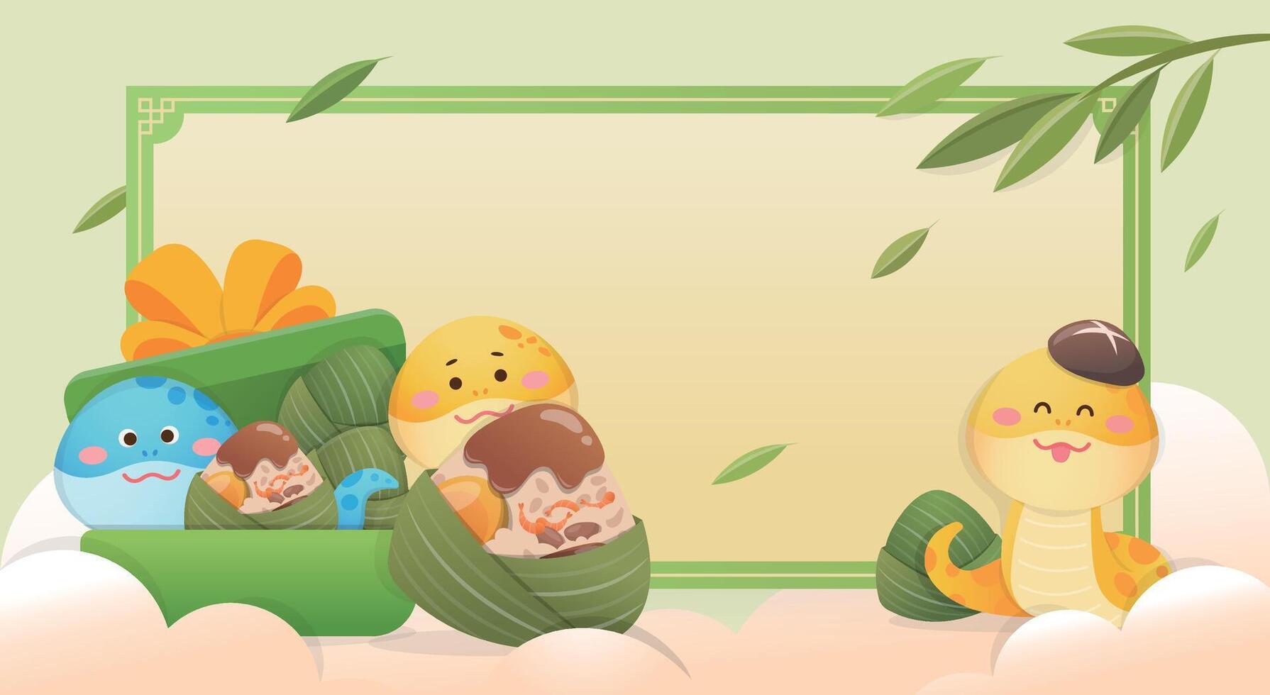 poster celebrating Dragon Boat Festival, snake mascot and delicious glutinous rice dumplings, decorative frame and gift box vector