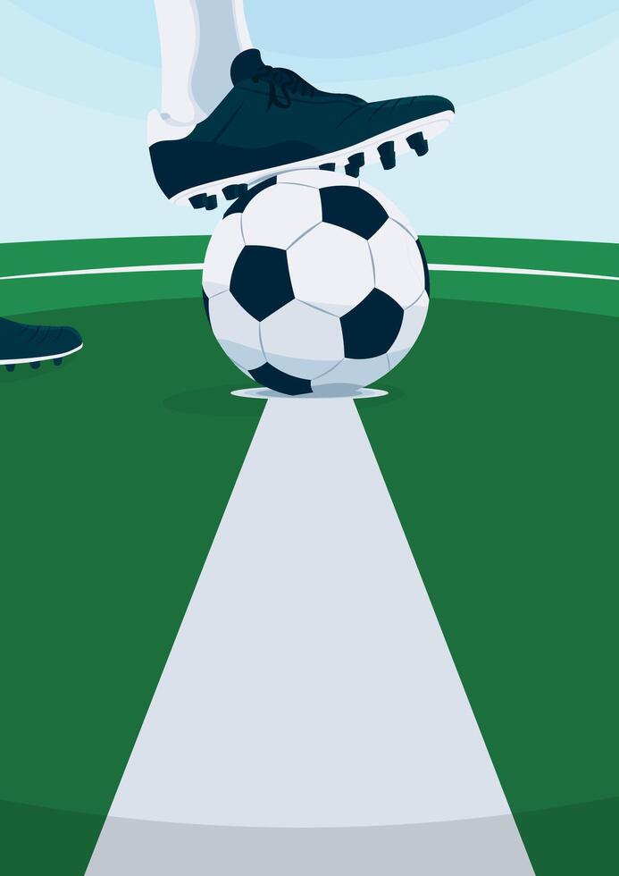 A soccer player preparing for kickoff, standing on a football field with the ball on the center line.Minimalist, clean sports design perfect for a football event promo vector