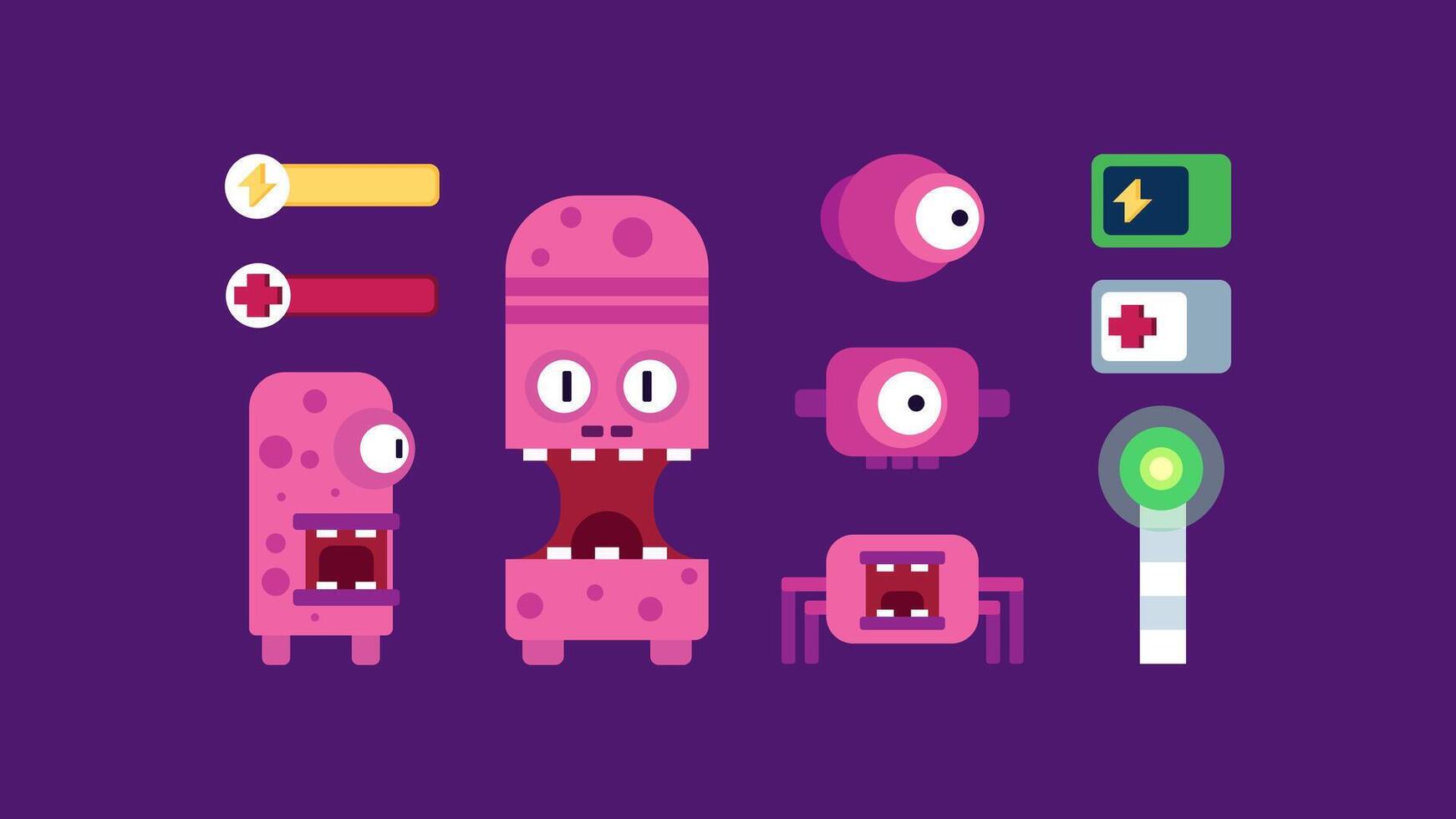 Pink Monsters and Game Icons Illustration on Purple Background. vector