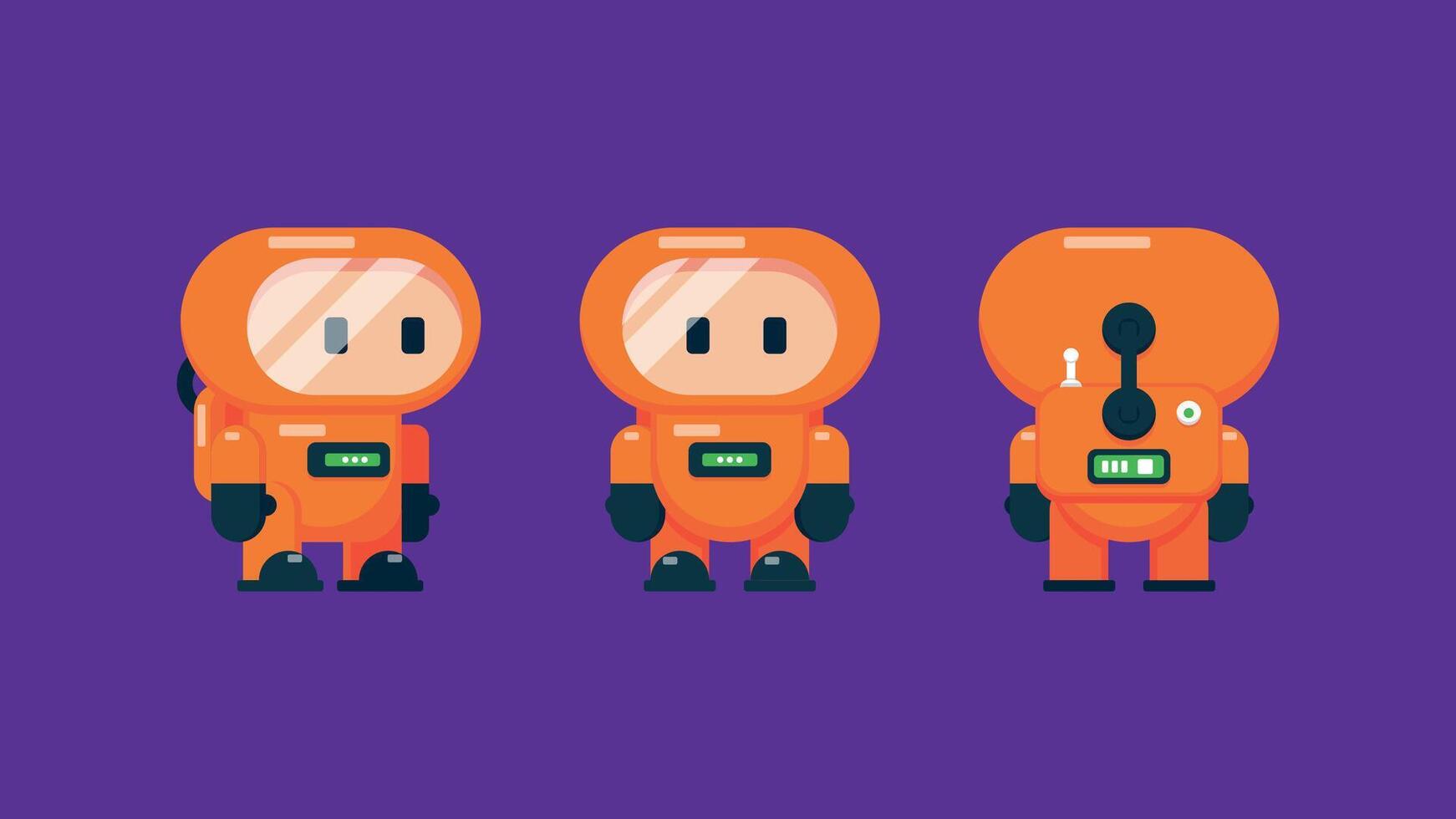 Cute Esports Mascot Illustration Character in Orange Hazmat Suit Front, Side, and Back Views. This cartoon-style figure is perfect for gaming avatar. vector