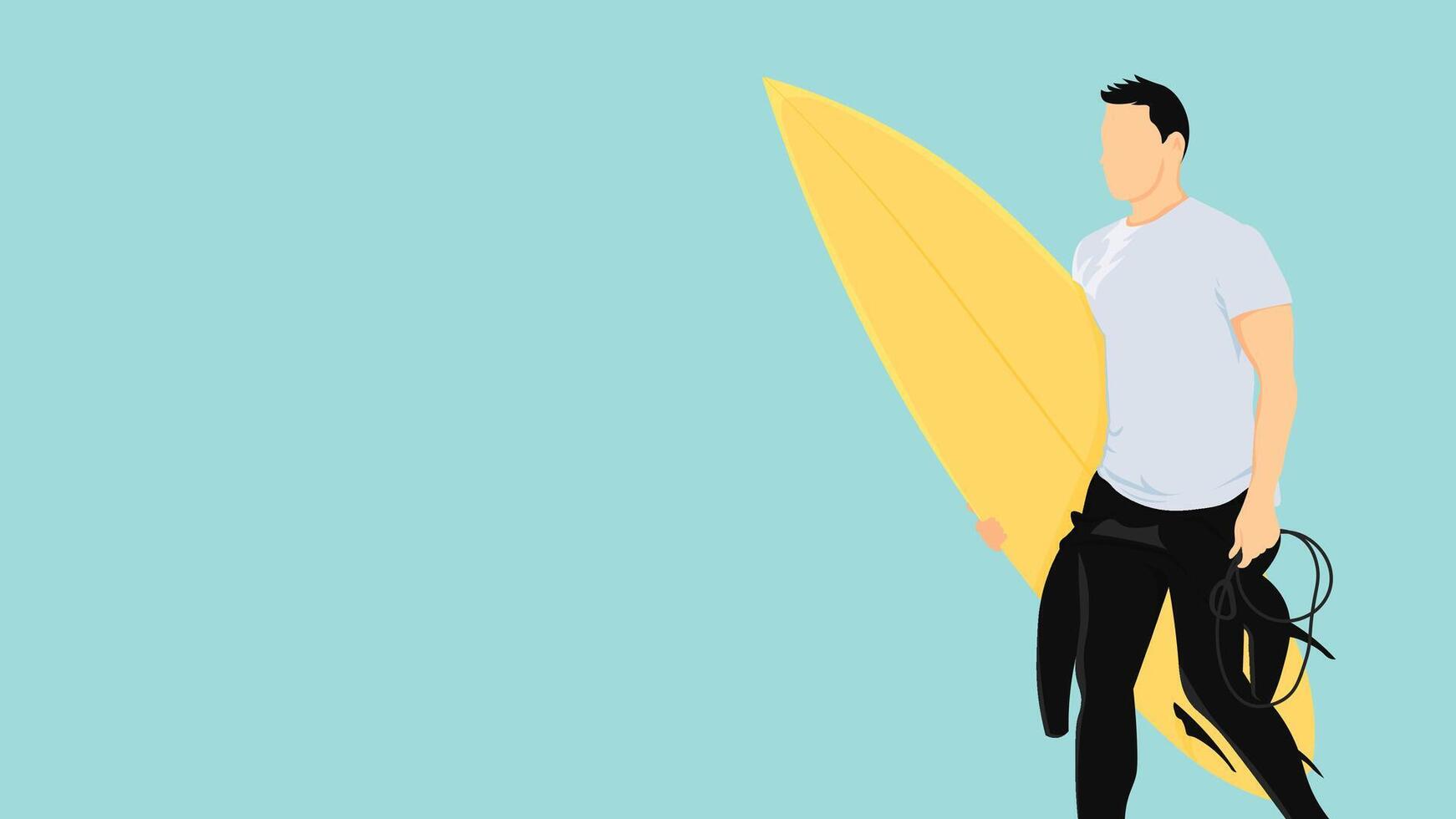 Yellow Surfboard in Wetsuit on Blue Background.wearing a white t-shirt and black wetsuit.Perfect for surfing, beach, summer, and water sports themes. vector