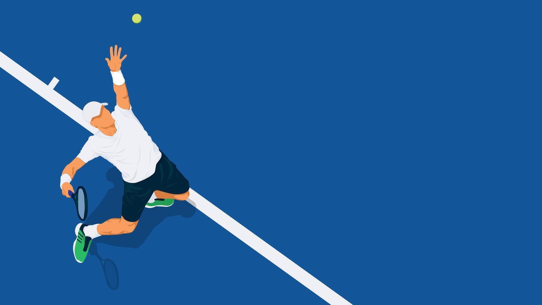 Tennis Player Serving Ball on Blue Court Illustration. The player is dressed in a white shirt, dark shorts, and green shoes vector