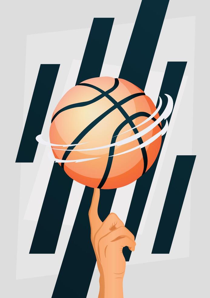 Basketball Spinning on Finger.Modern illustration with motion lines and abstract background shapes.Ideal for sports promotions and basketball-themed merchandise vector