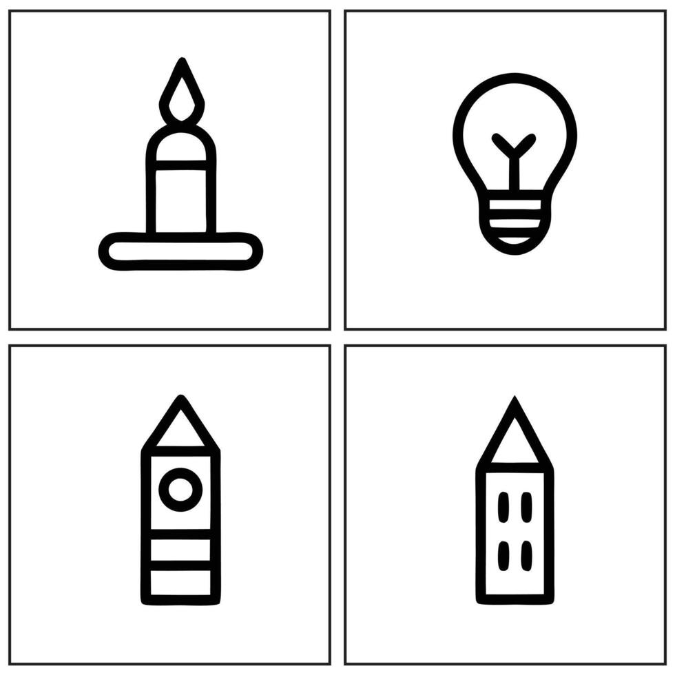 four black and white icons of a light bulb, pencil, and building vector