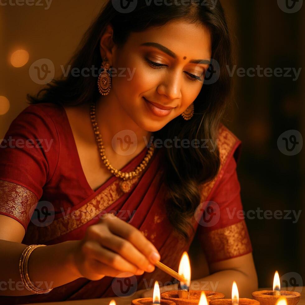 Diwali Celebration Close-Up of Woman in Traditional Attire Lighting Candles with Warm Golden Hour Lighting photo
