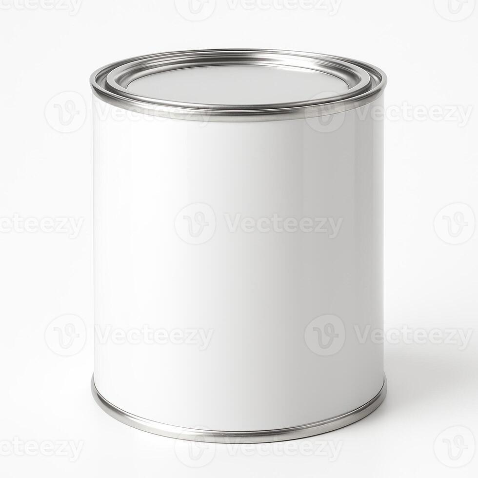 Ultra High Resolution White Cylindrical Metal Paint Can with Shiny Sealed Lid, Professional Studio Lighting, Clean Isolated White Background, Front Perspective View photo