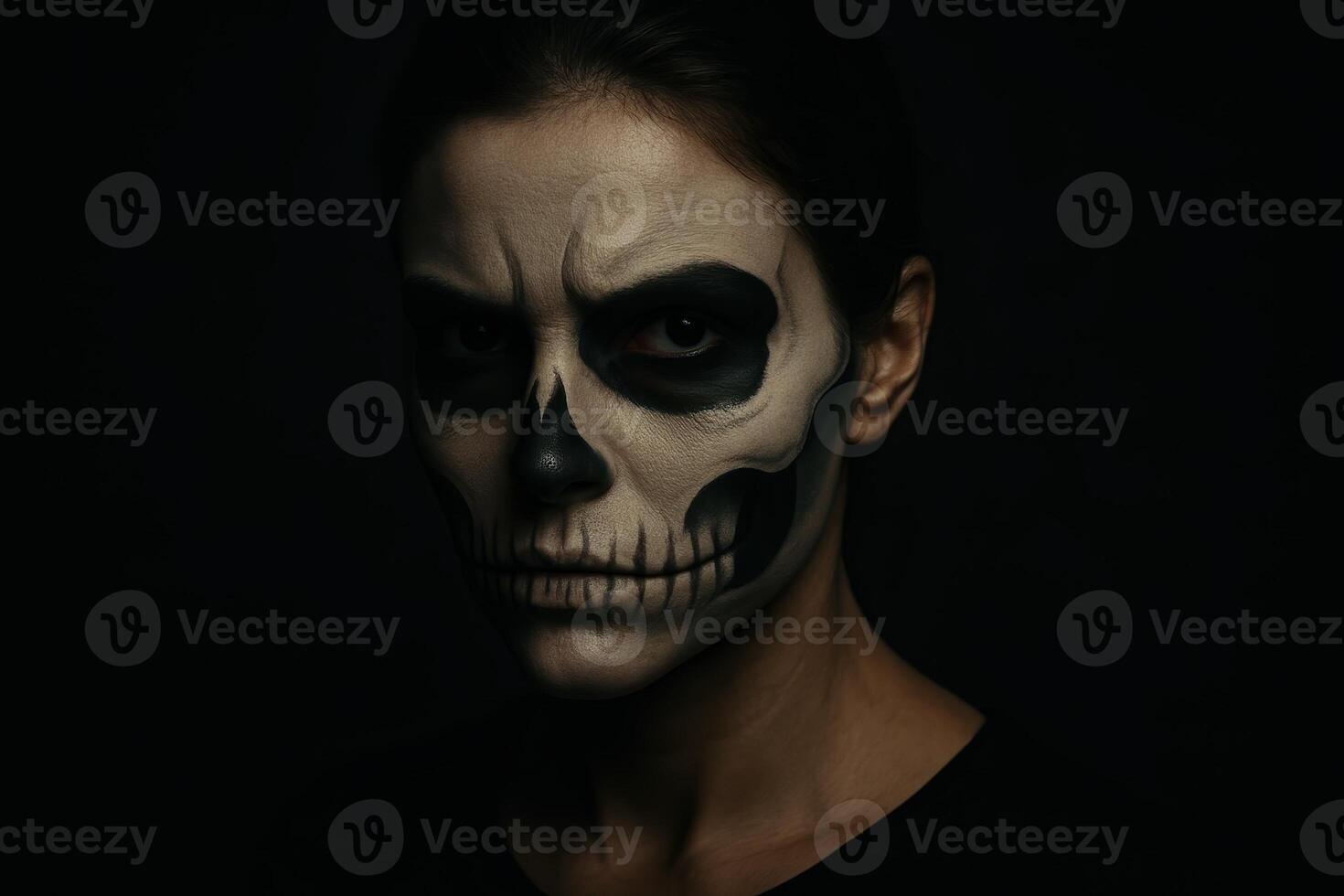 Mysterious Portrait of Woman with Skeleton Makeup for Halloween in Low Key Lighting, Highlighting Creative Face Paint and Eerie Atmosphere photo