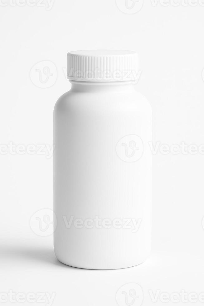 White Cylindrical Opaque Glass Bottle for Medicine with Screw Cap, Matte Finish, Photorealistic, High Resolution, Professional Studio Lighting, Isolated on Clean White Background, Side View photo