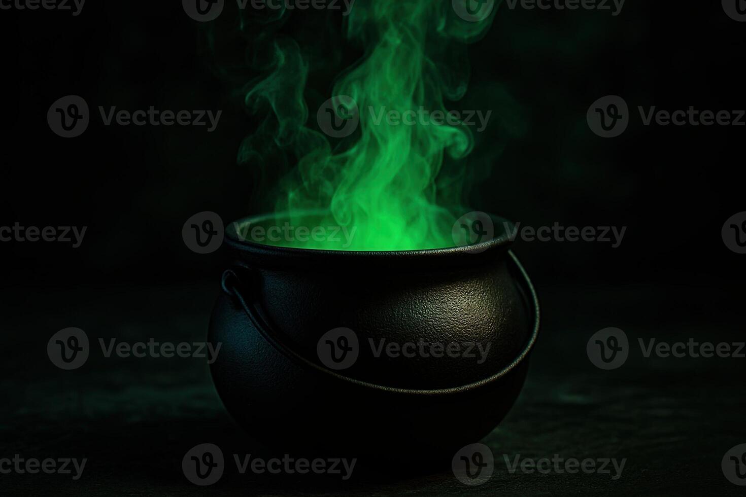 Black Halloween Witch Cauldron with Glowing Green Smoke Rising, Illuminated by Eerie Moody Lighting, Spooky Atmosphere photo