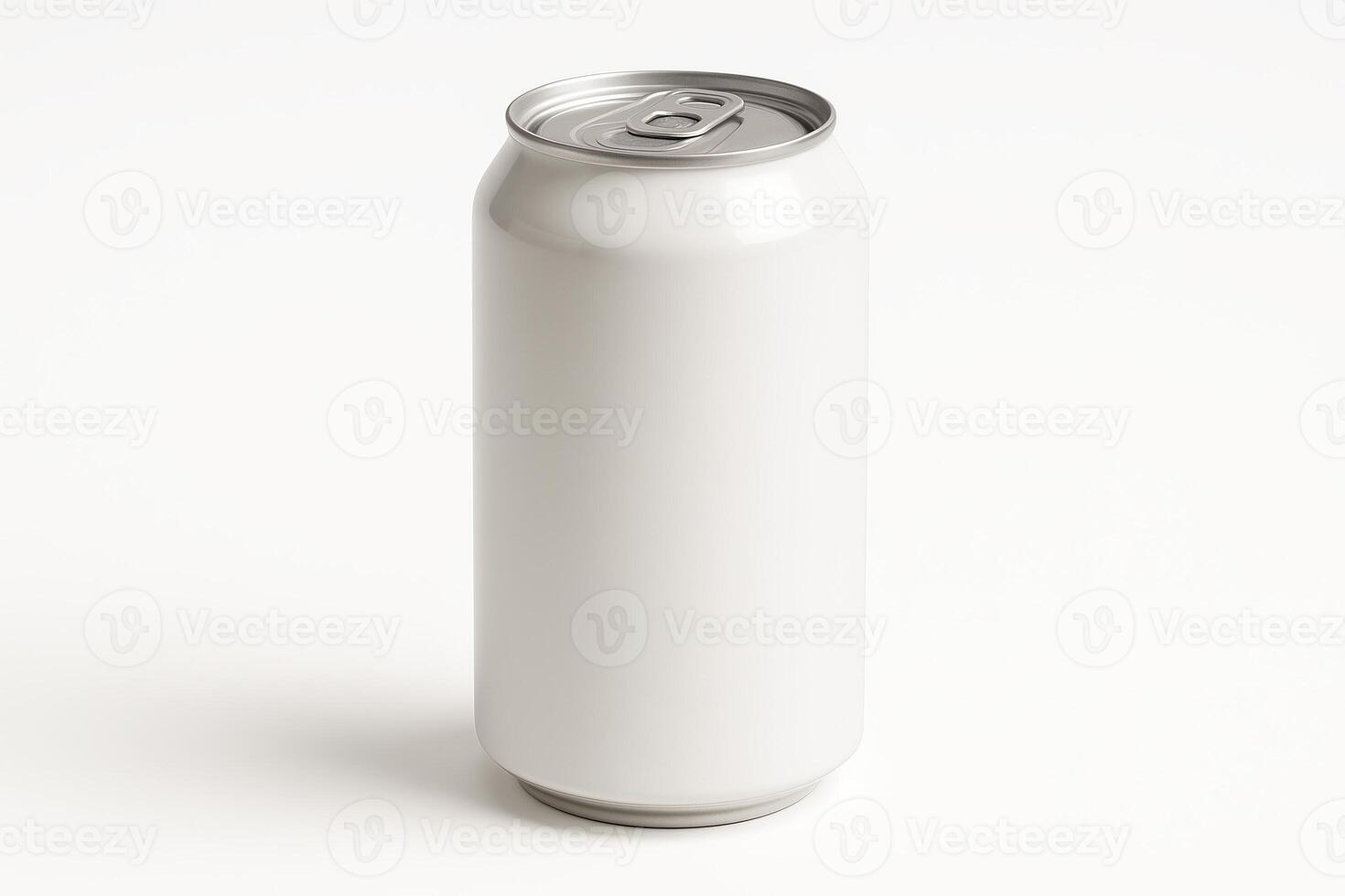 Blank white aluminum can standing on white background. Studio product mockup with copy space. Beverage packaging template. photo