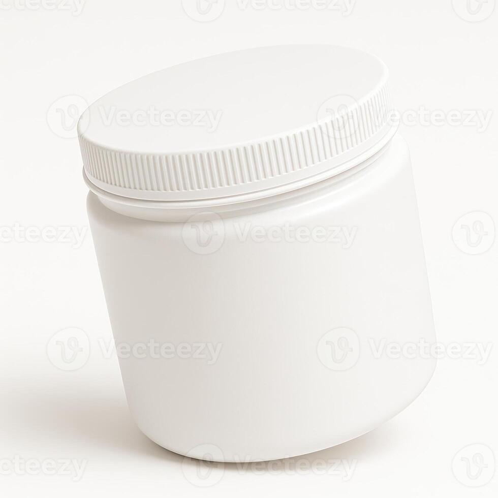 White Cylindrical Plastic Jar With Screw Lid for Hair Mask on White Background, Angled Side View, Ultra High Resolution, Photorealistic Studio Lighting, Smooth Surface, Professional Isolation photo