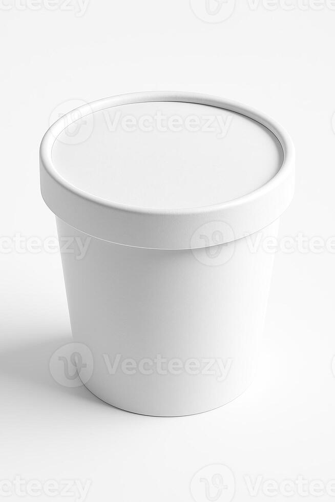 White Cylindrical Paperboard Tub With Lid for Ice Cream on Clean White Background in High Definition Professional Studio Lighting photo