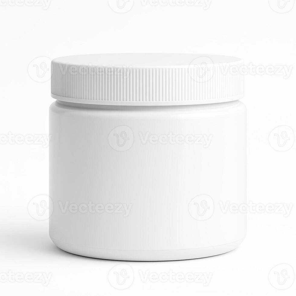 White Cylindrical Plastic Jar with Screw Lid for Face Cream on Clean White Background in Ultra High Resolution photo
