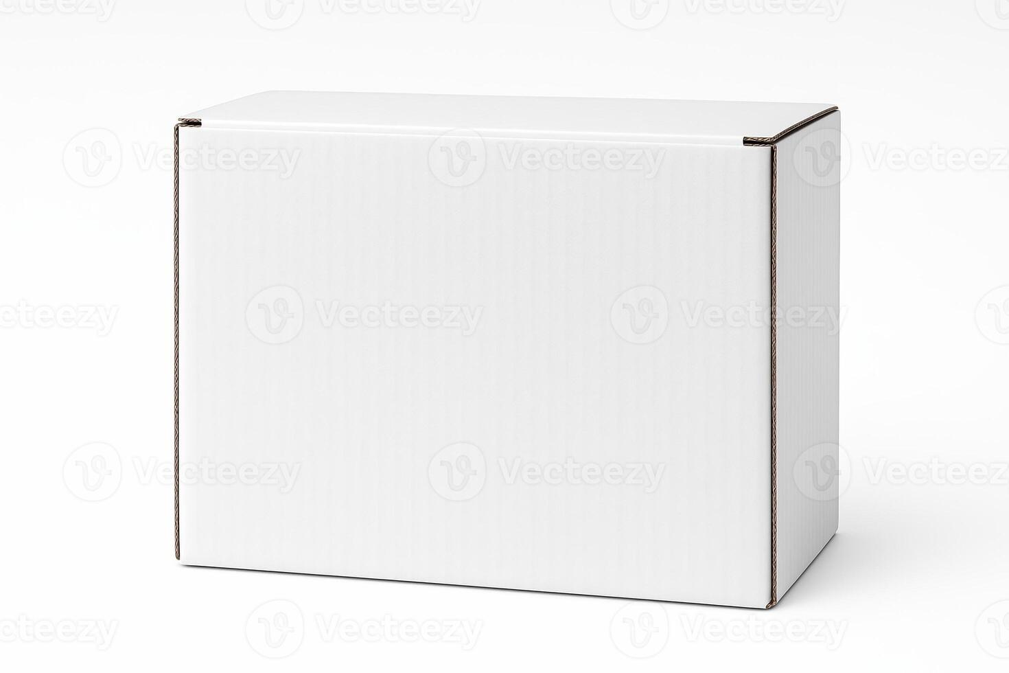 White Rectangular Corrugated Cardboard Box for Shipping with Textured Surface on Clean Isolated White Background in Ultra High Resolution and Photorealistic Professional Studio Lighting photo