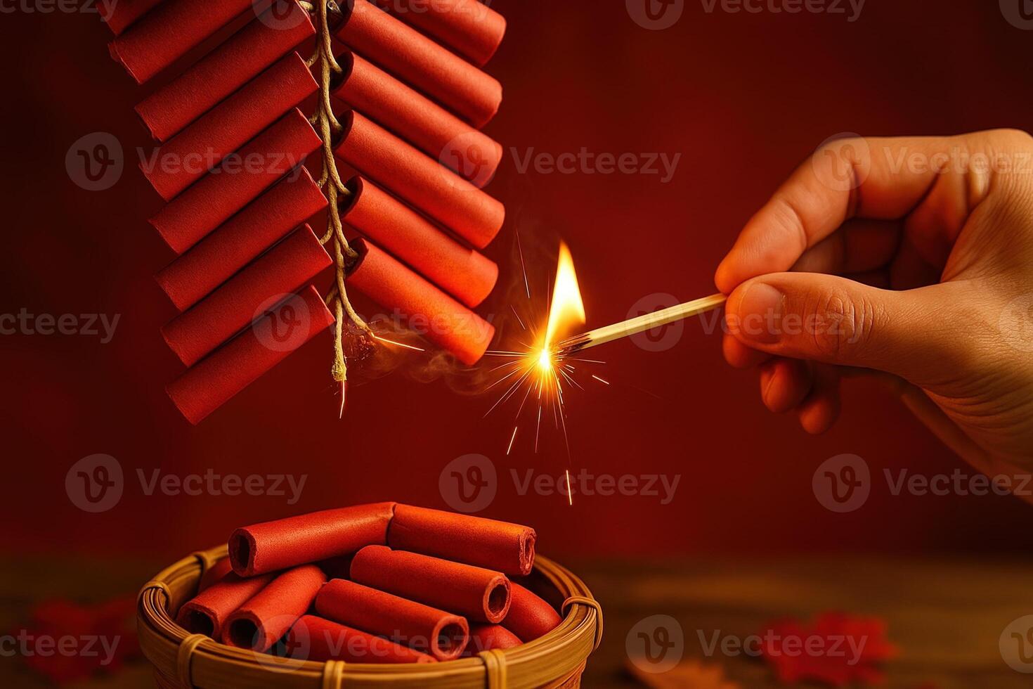 Chinese New Year Close Up of Hand Lighting Firecrackers in Detailed Festive Celebration Photo with Emphasis on Traditional Festivities, Cultural Significance, and Vibrant Atmosphere