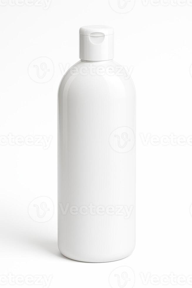 White Cylindrical Plastic Bottle with Flip Top Cap for Dish Soap with Glossy Finish and Photorealistic Detail, Perspective Front View, Professional Studio Lighting on Isolated White Background photo