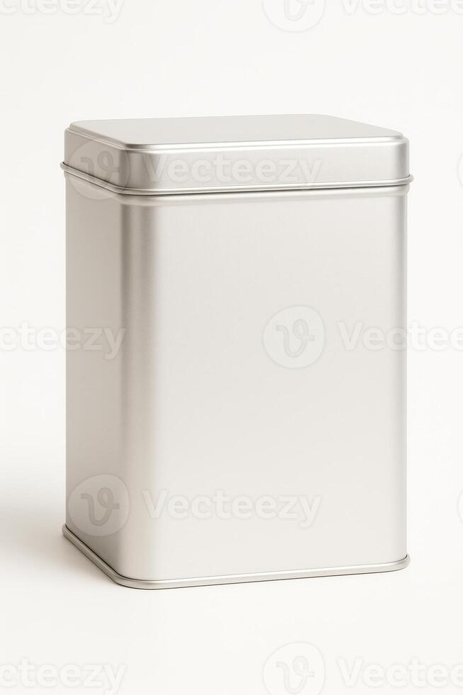 White Square Metal Tin for Coffee Beans with Removable Lid in 45 Degree Angle, Photorealistic Studio Lighting on Isolated White Background, Satiny Finish, Ultra High Resolution photo