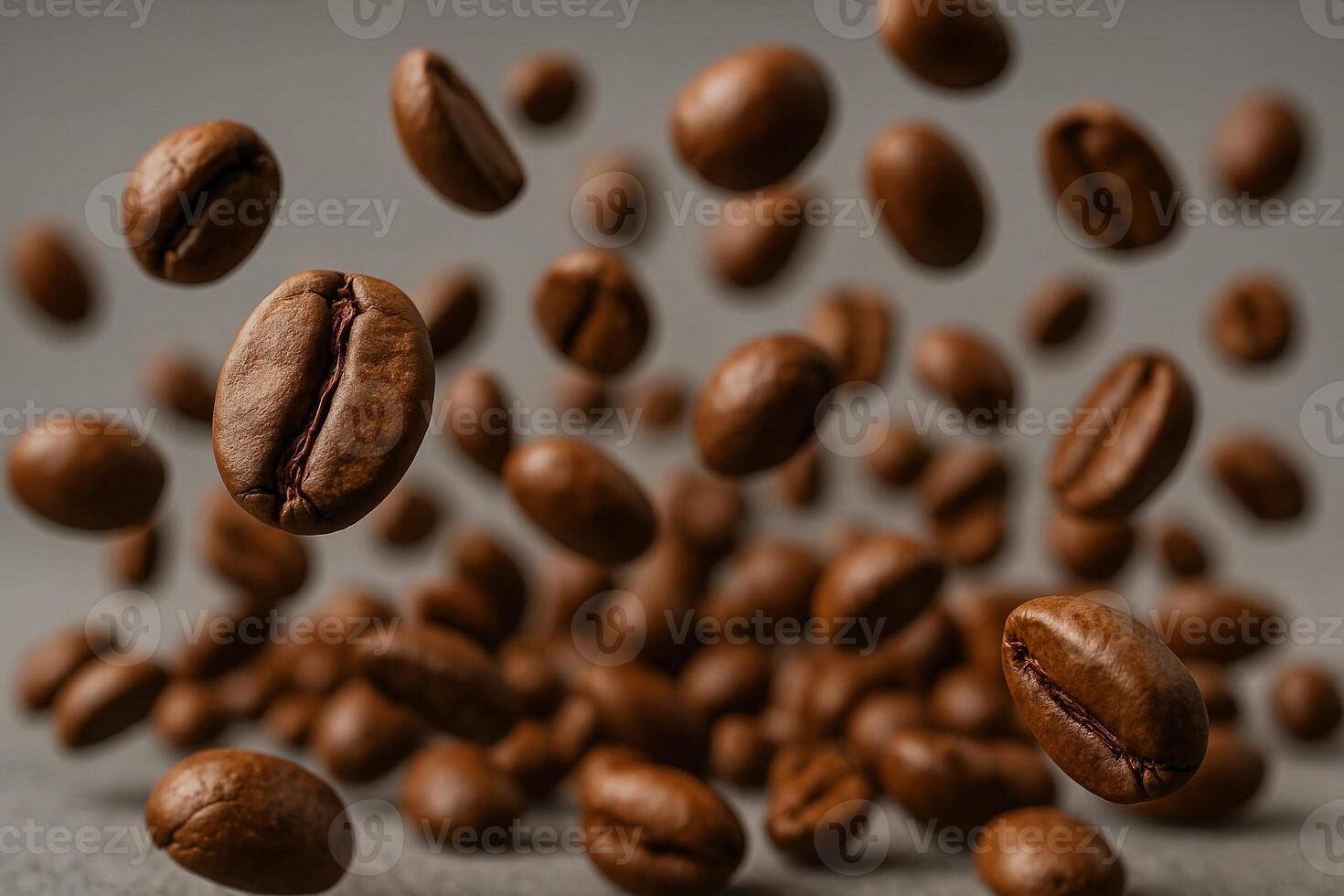 Super Slow Motion Close Up of Roasted Coffee Beans Flying on Grey Background with Detailed View of Aromatic Seeds photo