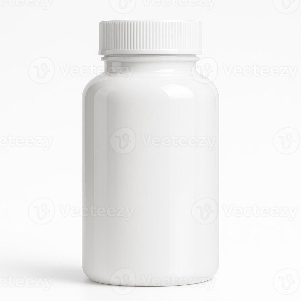 White Cylindrical Plastic Bottle with Screw Cap for Laboratory Use in Ultra High Resolution Photorealistic Studio Lighting on Clean White Background photo