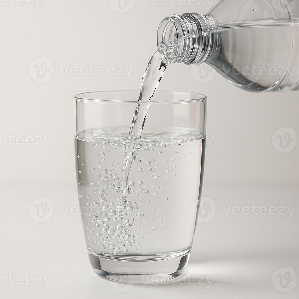 Crystal Clear Mineral Water Pouring from Bottle into Glass with Bubbles photo