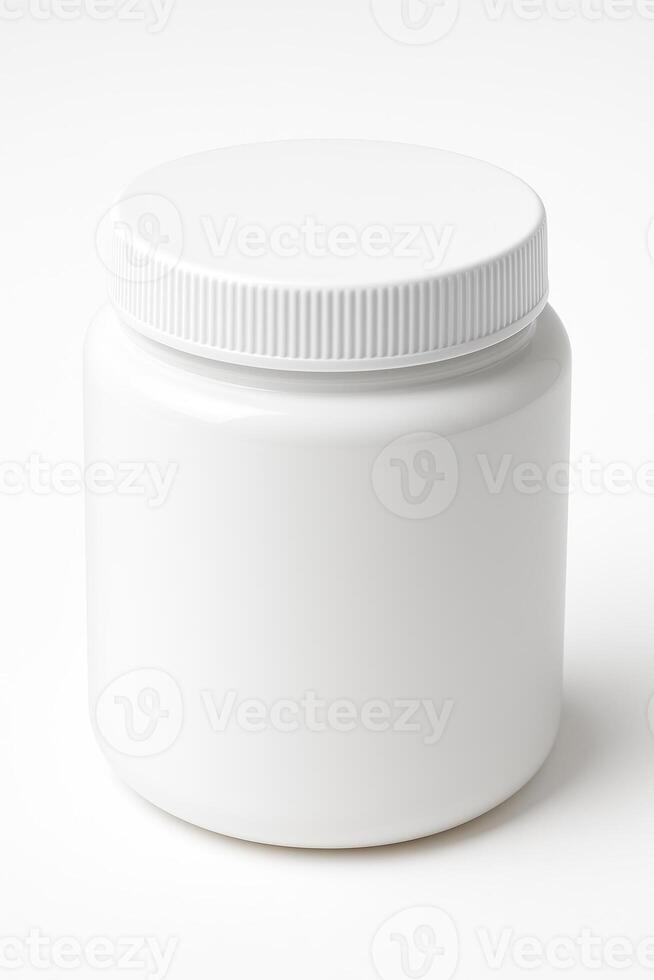 White Cylindrical Plastic Jar With Screw Lid for Body Butter in High Angle View on Smooth Surface, Ultra High Resolution and Photorealistic Design With Clean Isolated White Background photo