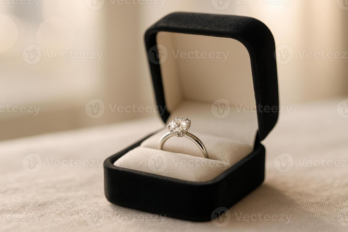 Engagement Wedding Ring Valentine's Day Jewelry Box Close Up with Diamond Ring and Proposal Concept in Soft Natural Light photo