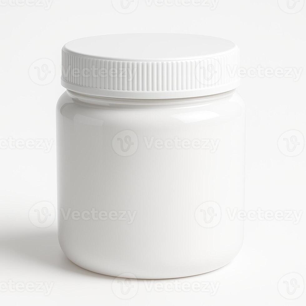 White Cylindrical Plastic Jar With Screw Lid for Spices With Glossy Finish in Professional Studio Lighting on Clean Isolated White Background photo