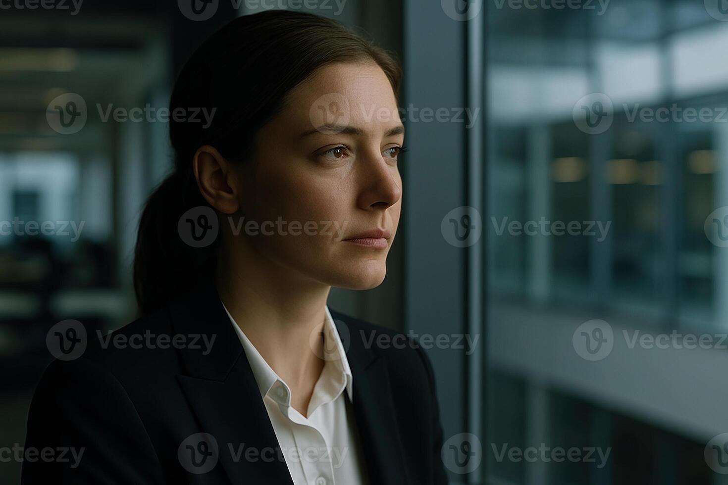 Businesswoman Reflecting By Office Window in Thoughtful Pose, Modern Workspace in Background, Soft Moody Lighting Creating a Contemplative Atmosphere photo