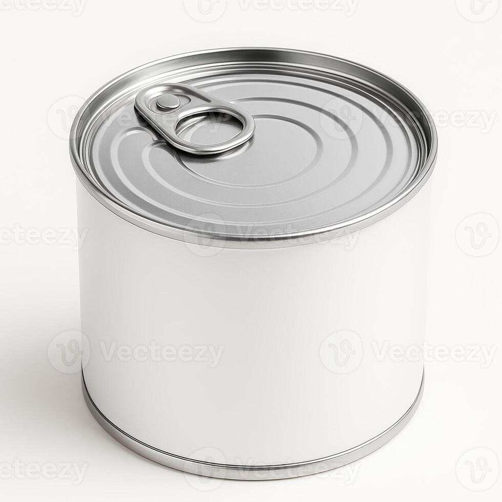 White Cylindrical Metal Can with Pull Tab Lid on Isolated White Background in High Definition with Shiny Finish and Photorealistic Detail photo