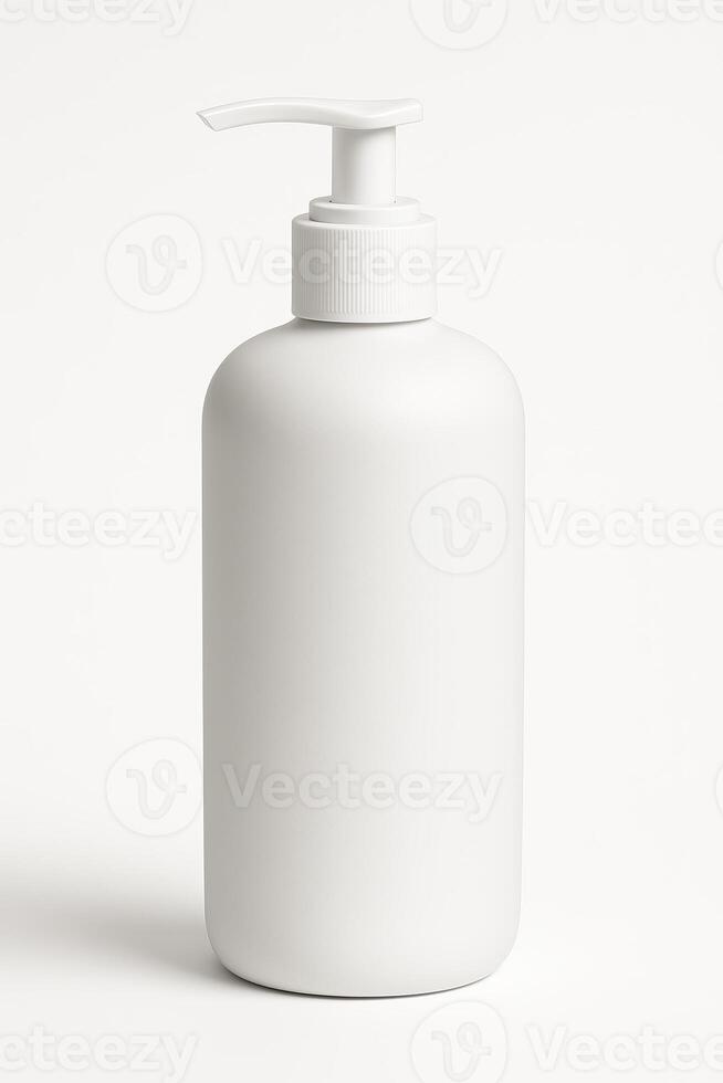 White Cylindrical Plastic Bottle with Pump Dispenser for Skincare Lotion on Clean Isolated White Background, Front View, Matte Finish, High-Resolution Photorealistic Studio Lighting photo