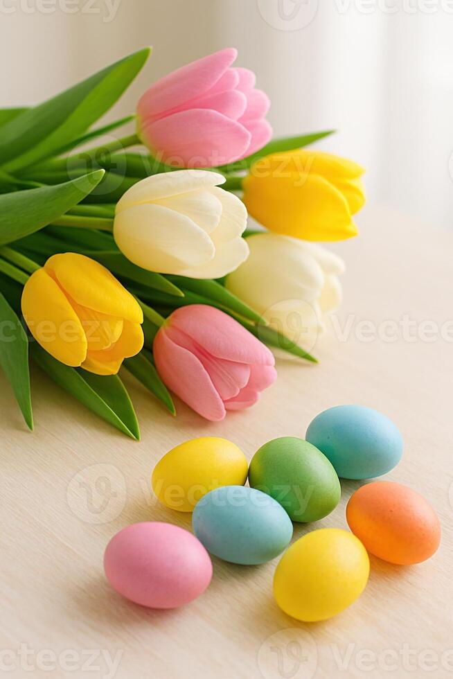 Colorful Easter Close Up With Spring Tulips and Easter Eggs on Table in Soft Natural Light for Holiday Decor photo