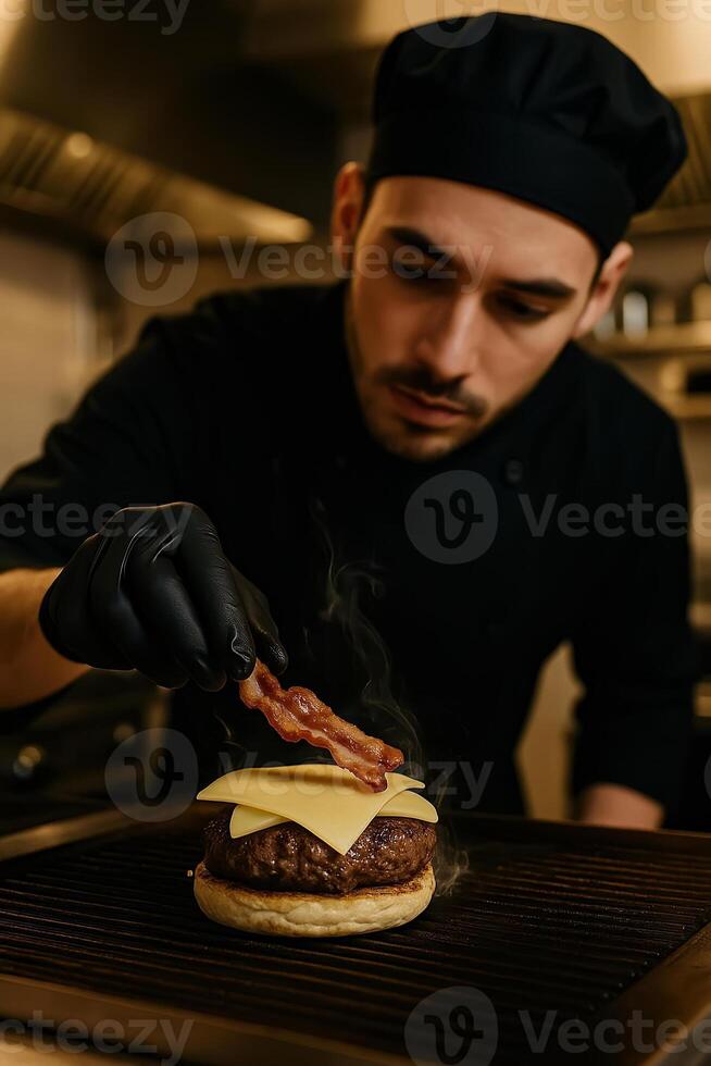 Young Chef Preparing Gourmet Burger with Cheese and Bacon in Restaurant Kitchen photo