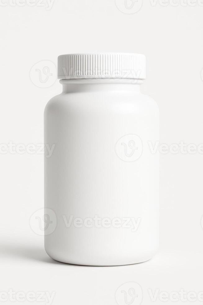 White Cylindrical Plastic Bottle with Screw Cap for Vitamins in Ultra High Definition Front View Isolated on Clean White Background photo